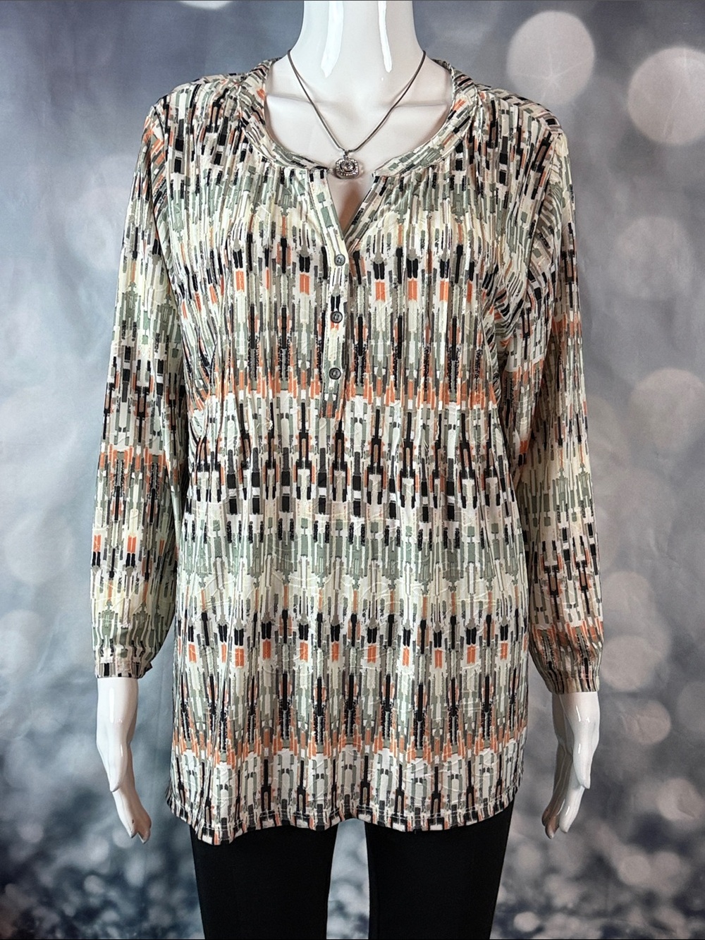 Napa Valley sz L Long-Sleeve Geometric Henley Tunic in Cream, Sage & Orange